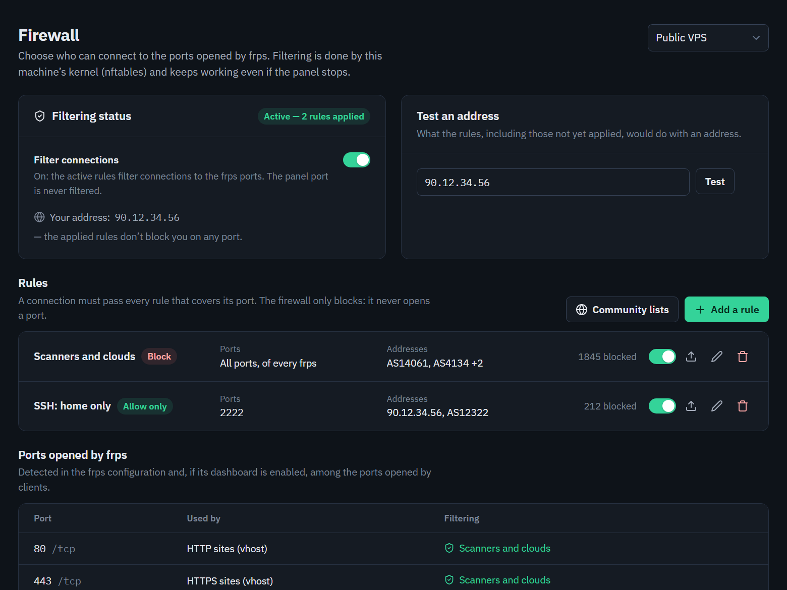 Firewall page with block and allow-only rules and the ports opened by frps