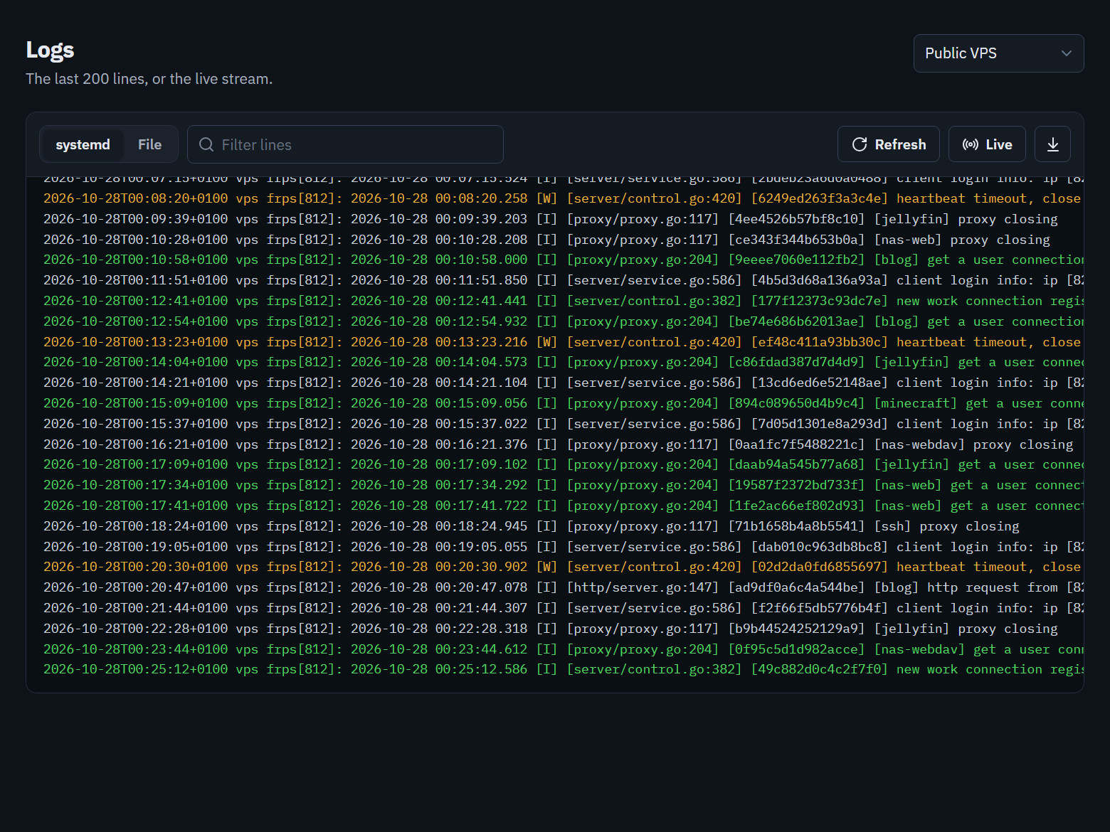 Live frpc logs with errors and warnings highlighted